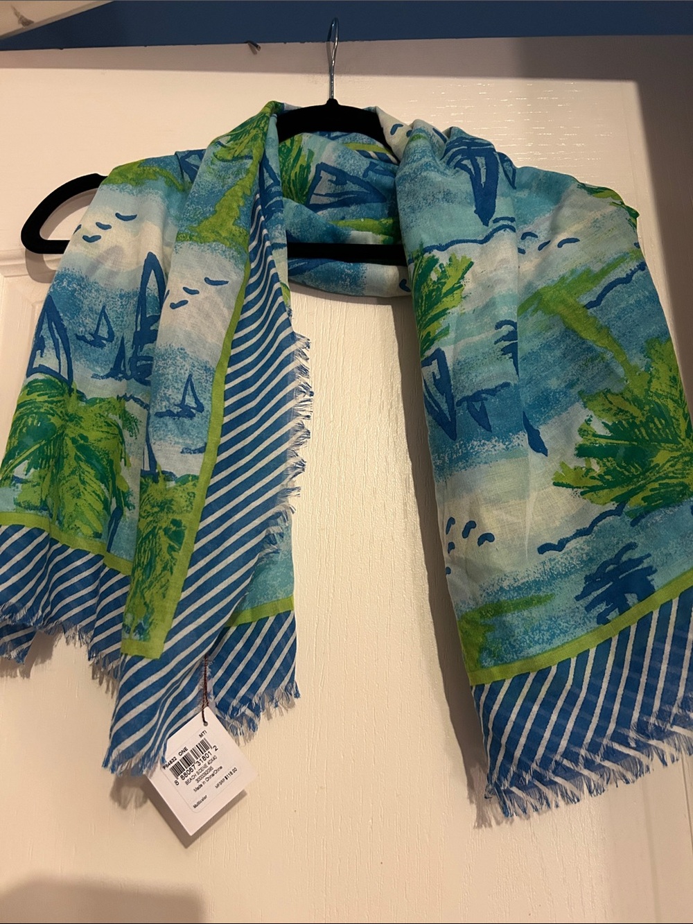 Coach Blue and Green Beach Scene Tropical Print Scarf New